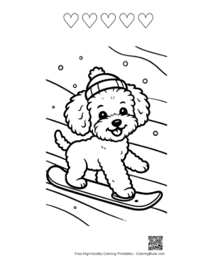 Thumbnail: Smiling Poodle Puppy Snowboarding in the Winter Sun - Puppy Athlete Drawing Printable and 5 Heart Outline
