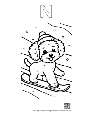 Thumbnail: Smiling Poodle Puppy Snowboarding in the Winter Sun - Puppy Athlete Drawing Printable Outline Alphabet N