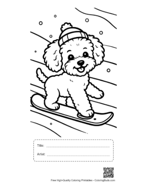 Thumbnail: Smiling Poodle Puppy Snowboarding in the Winter Sun - Puppy Athlete Drawing Printable with Title and Artist Box