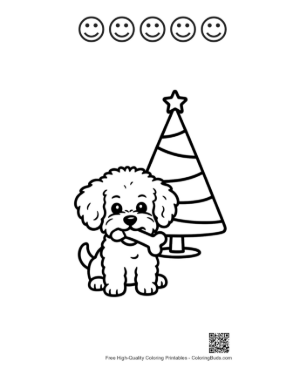 Thumbnail: Tiny Poodle Puppy Standing by a Small Christmas Tree Winter Pet Coloring Activity Printable and 5 Happy Face Outline