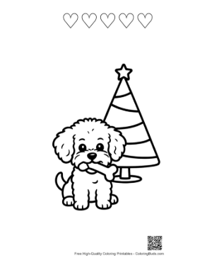 Thumbnail: Tiny Poodle Puppy Standing by a Small Christmas Tree Winter Pet Coloring Activity Printable and 5 Heart Outline