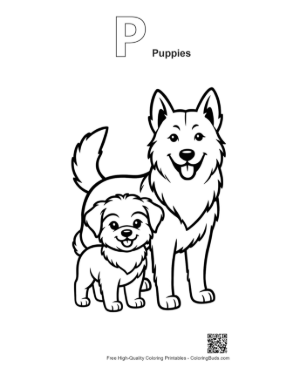 Thumbnail: Adorable Husky Mom and Puppy Outline Printable Outline Alphabet P Puppies