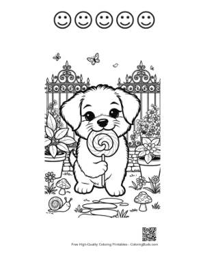 Thumbnail: Adorable Puppy Holding a Large Swirl Lollipop Printable and 5 Happy Face Outline