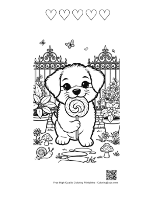 Thumbnail: Adorable Puppy Holding a Large Swirl Lollipop Printable and 5 Heart Outline