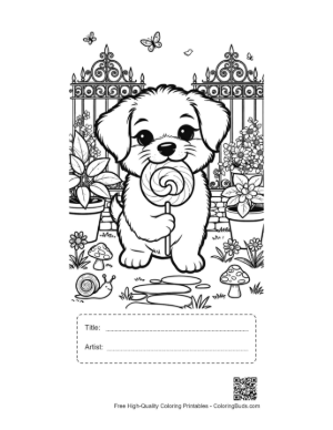Thumbnail: Adorable Puppy Holding a Large Swirl Lollipop Printable with Title and Artist Box