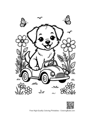 Thumbnail: Adorable Puppy Sitting Behind the Wheel of a Car Printable