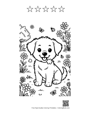 Thumbnail: Adorable Puppy Sitting in a Flower Bed with Butterflies Printable and 5 Star Outline