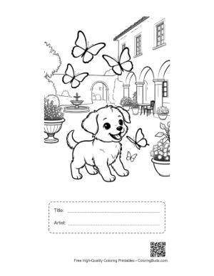 Thumbnail: Adorable Puppy Sitting Near a Flower Pot with Butterflies Printable with Title and Artist Box