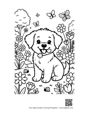 Thumbnail: Adorable Puppy Sitting Near a Wheelbarrow of Flowers Printable