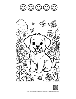 Thumbnail: Adorable Puppy Sitting Near a Wheelbarrow of Flowers Printable and 5 Happy Face Outline