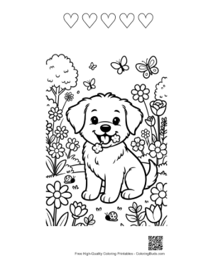 Thumbnail: Adorable Puppy Sitting Near a Wheelbarrow of Flowers Printable and 5 Heart Outline