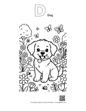 Thumbnail: Adorable Puppy Sitting Near a Wheelbarrow of Flowers Printable Outline Alphabet D Dog