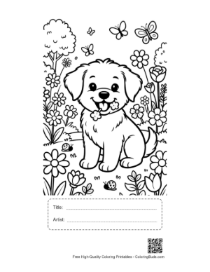 Thumbnail: Adorable Puppy Sitting Near a Wheelbarrow of Flowers Printable with Title and Artist Box