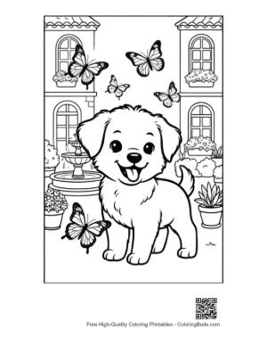 Thumbnail: Cute Puppy Playing with Butterflies in a Garden Printable