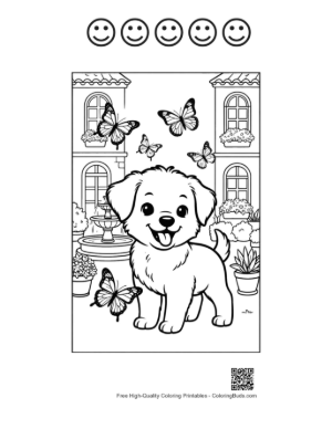 Thumbnail: Cute Puppy Playing with Butterflies in a Garden Printable and 5 Happy Face Outline