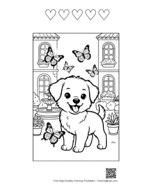 Thumbnail: Cute Puppy Playing with Butterflies in a Garden Printable and 5 Heart Outline