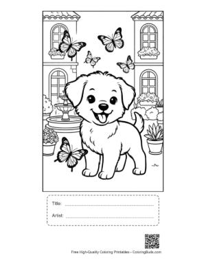 Thumbnail: Cute Puppy Playing with Butterflies in a Garden Printable with Title and Artist Box