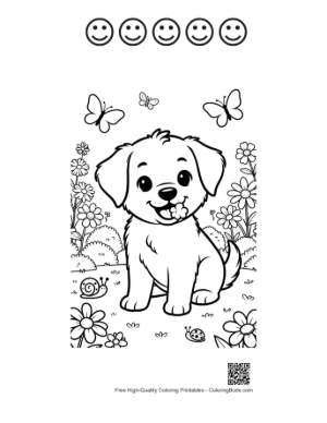 Thumbnail: Cute Puppy Sitting in a Patch of Wildflowers Printable and 5 Happy Face Outline