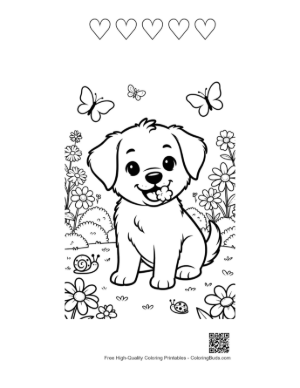 Thumbnail: Cute Puppy Sitting in a Patch of Wildflowers Printable and 5 Heart Outline