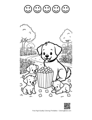 Thumbnail: Cute Puppy Sitting with a Bowl of Snacks Outdoors Printable and 5 Happy Face Outline