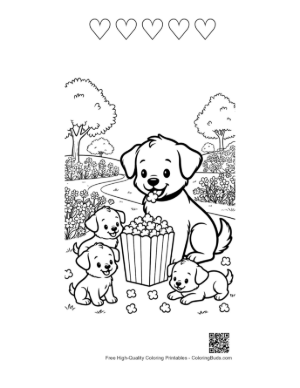 Thumbnail: Cute Puppy Sitting with a Bowl of Snacks Outdoors Printable and 5 Heart Outline