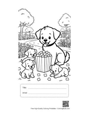Thumbnail: Cute Puppy Sitting with a Bowl of Snacks Outdoors Printable with Title and Artist Box
