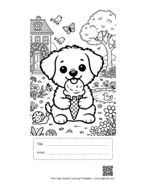 Thumbnail: Happy Puppy Eating an Ice Cream Cone Printable with Title and Artist Box