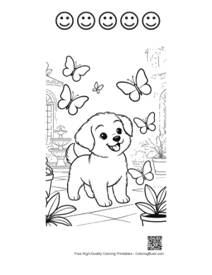 Thumbnail: Happy Puppy Exploring a Garden Path with Butterflies Printable and 5 Happy Face Outline