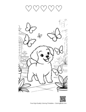 Thumbnail: Happy Puppy Exploring a Garden Path with Butterflies Printable and 5 Heart Outline
