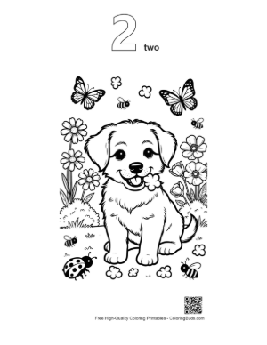 Thumbnail: Happy Puppy Sitting Among Blooming Spring Flowers Printable Outline Number 2