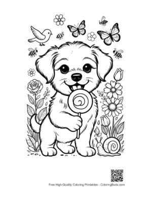Thumbnail: Happy Puppy with a Lollipop and Butterflies Printable