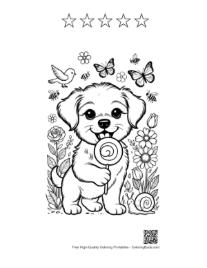 Thumbnail: Happy Puppy with a Lollipop and Butterflies Printable and 5 Star Outline