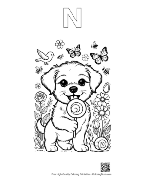 Thumbnail: Happy Puppy with a Lollipop and Butterflies Printable Outline Alphabet N