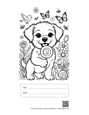 Thumbnail: Happy Puppy with a Lollipop and Butterflies Printable with Title and Artist Box