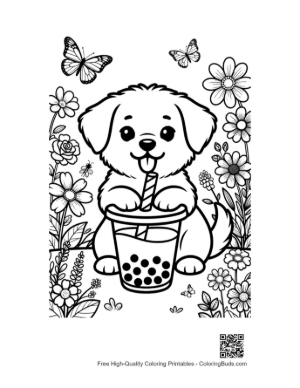 Thumbnail: Puppy Holding a Boba Tea Cup with a Straw Printable