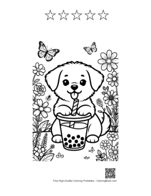 Thumbnail: Puppy Holding a Boba Tea Cup with a Straw Printable and 5 Star Outline