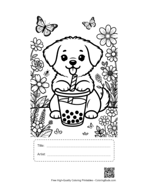 Thumbnail: Puppy Holding a Boba Tea Cup with a Straw Printable with Title and Artist Box
