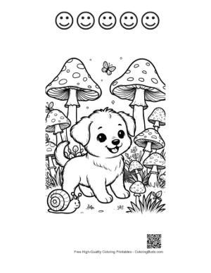 Thumbnail: Puppy Playing with Snails and Butterflies in Nature Printable and 5 Happy Face Outline