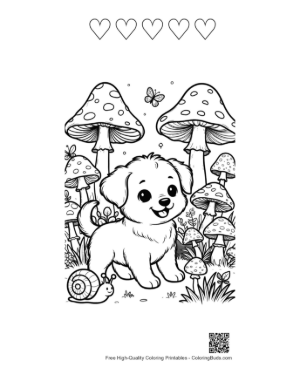 Thumbnail: Puppy Playing with Snails and Butterflies in Nature Printable and 5 Heart Outline