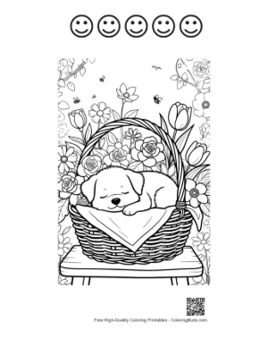 Thumbnail: Sweet Puppy Resting in a Basket on a Sunny Day Printable and 5 Happy Face Outline