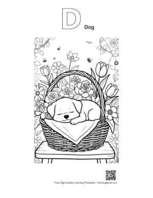 Thumbnail: Sweet Puppy Resting in a Basket on a Sunny Day Printable Outline Alphabet D Dog