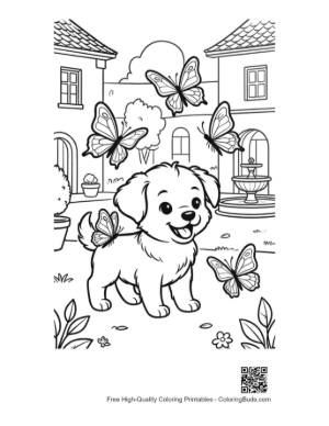 Thumbnail: Sweet Puppy Sitting in Front of a House with Butterflies Printable