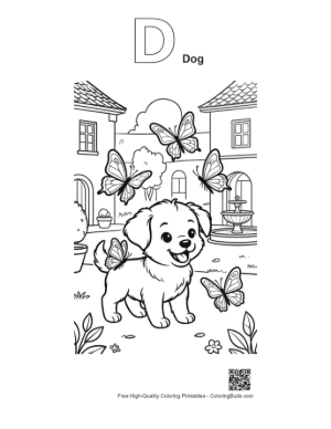 Thumbnail: Sweet Puppy Sitting in Front of a House with Butterflies Printable Outline Alphabet D Dog