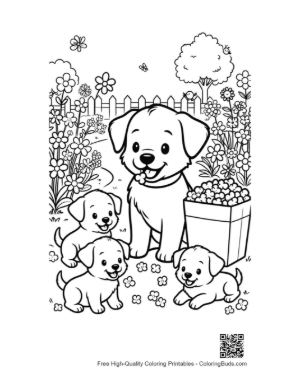 Thumbnail: Sweet Puppy Sitting Next to a Box of Blooming Flowers Printable