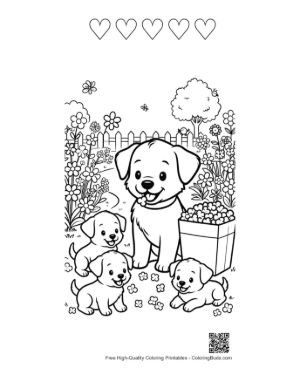 Thumbnail: Sweet Puppy Sitting Next to a Box of Blooming Flowers Printable and 5 Heart Outline