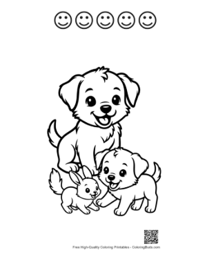 Thumbnail: Three Adorable Puppies and Bunny Playing Together Printable and 5 Happy Face Outline