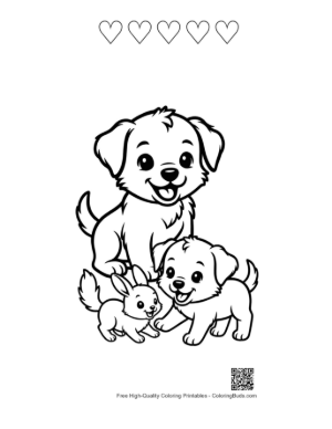 Thumbnail: Three Adorable Puppies and Bunny Playing Together Printable and 5 Heart Outline