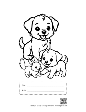 Thumbnail: Three Adorable Puppies and Bunny Playing Together Printable with Title and Artist Box