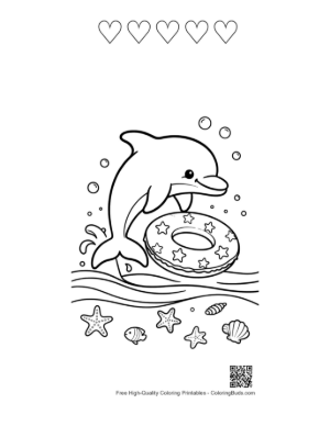Thumbnail: Adorable Dolphin Playing with a Floating Ring Underwater Printable and 5 Heart Outline