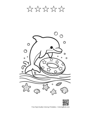 Thumbnail: Adorable Dolphin Playing with a Floating Ring Underwater Printable and 5 Star Outline